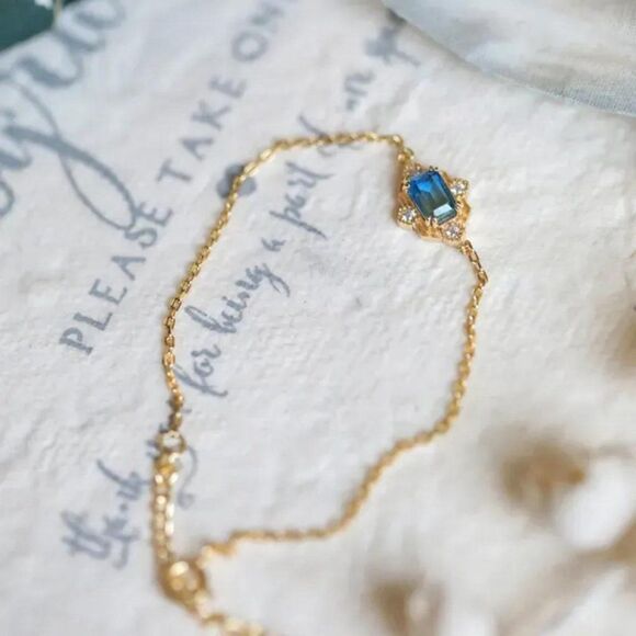 Style Sterling Silver Bracelet Blue Dainty Gold Chain with Blue Stone - Picture 4 of 6